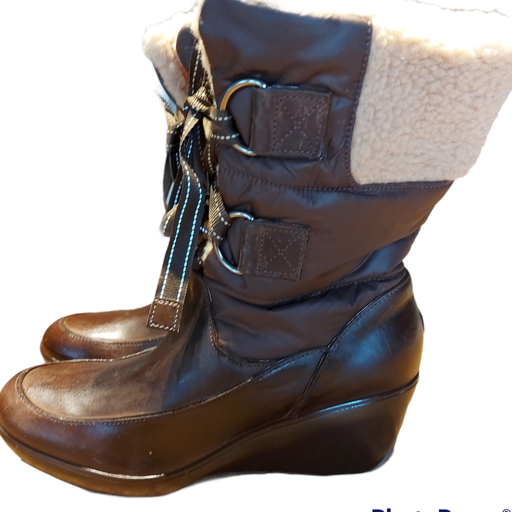 Sperry Topsider brown leather and faux sherpa wedge boots